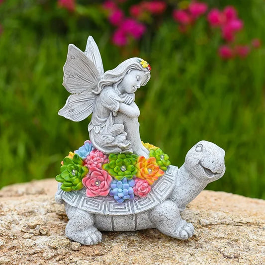 Solar Turtle Statue with Solar Light Flower Fairy Angel Lawn Decor
